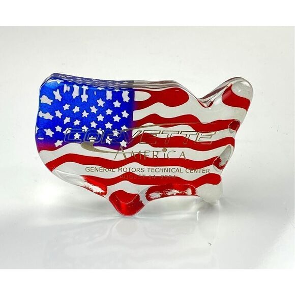 2004 Corvette GM Fenton Art Glass Patriotic USA Flag America Shaped Paperweight